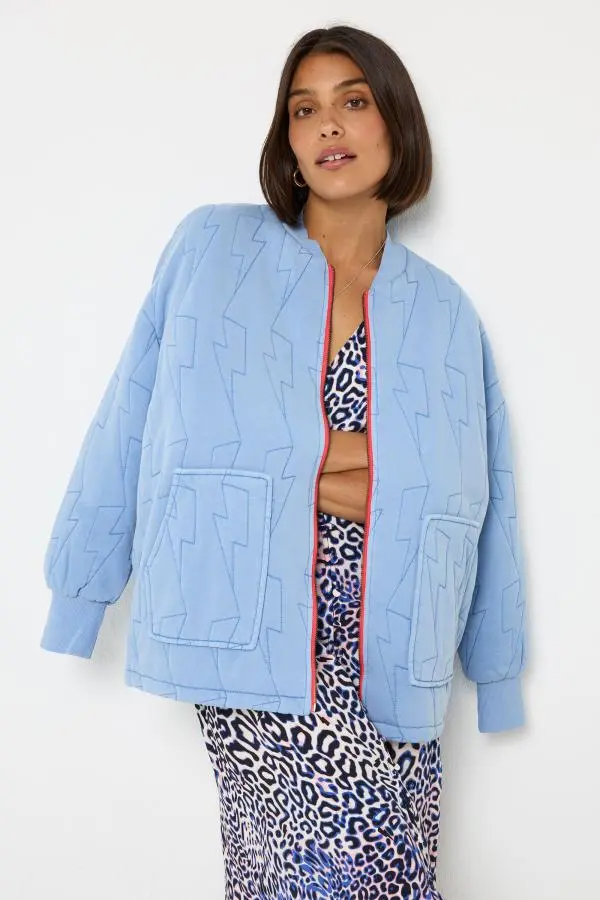 Blue Organic Cotton Quilted Lightning Bolt Oversized Bomber Jacket