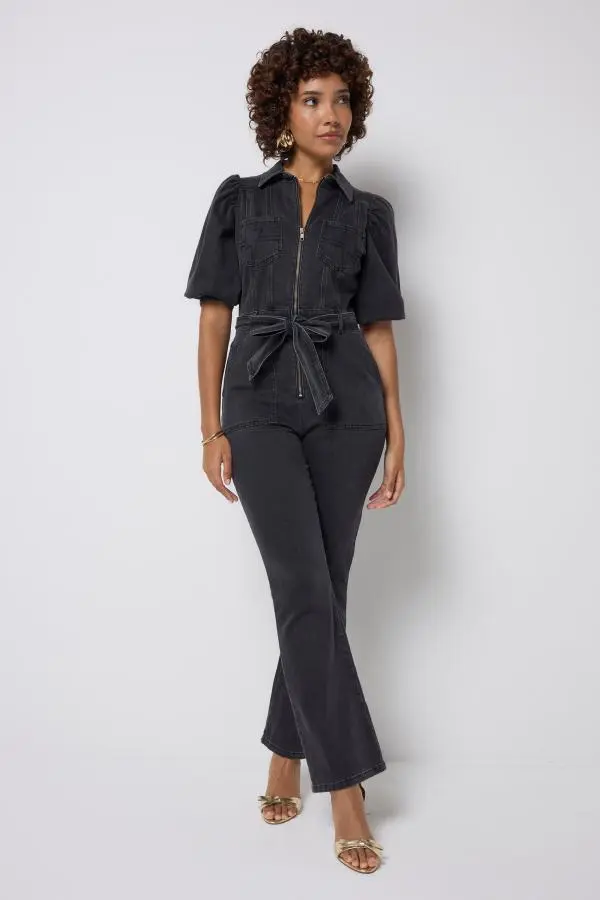 Washed Black Denim Flared Leg Jumpsuit