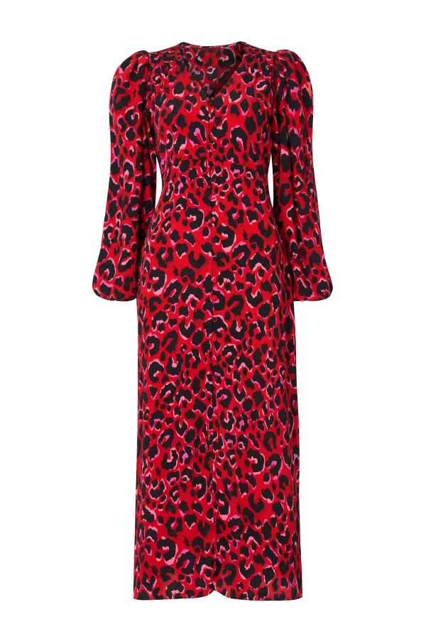 Red with Pink and Black Pop Leopard Blouson Sleeve Midi Tea Dress