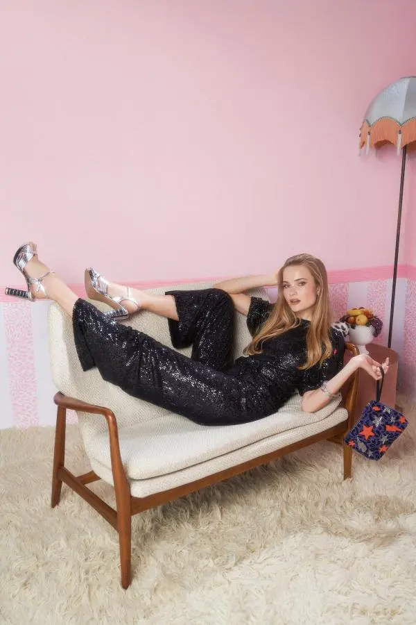 Black Sequin Puff Sleeve Wide Leg Jumpsuit