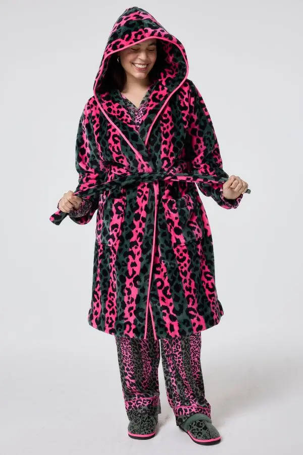 Khaki with Pink Stripe and Leopard Dressing Gown