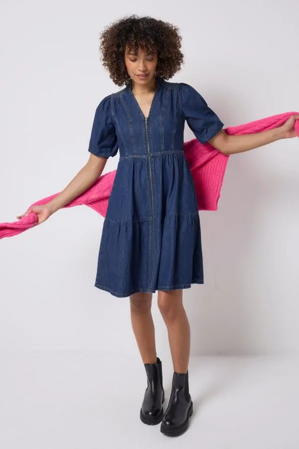 Authentic Indigo Zip Detail Tiered Short Denim Dress