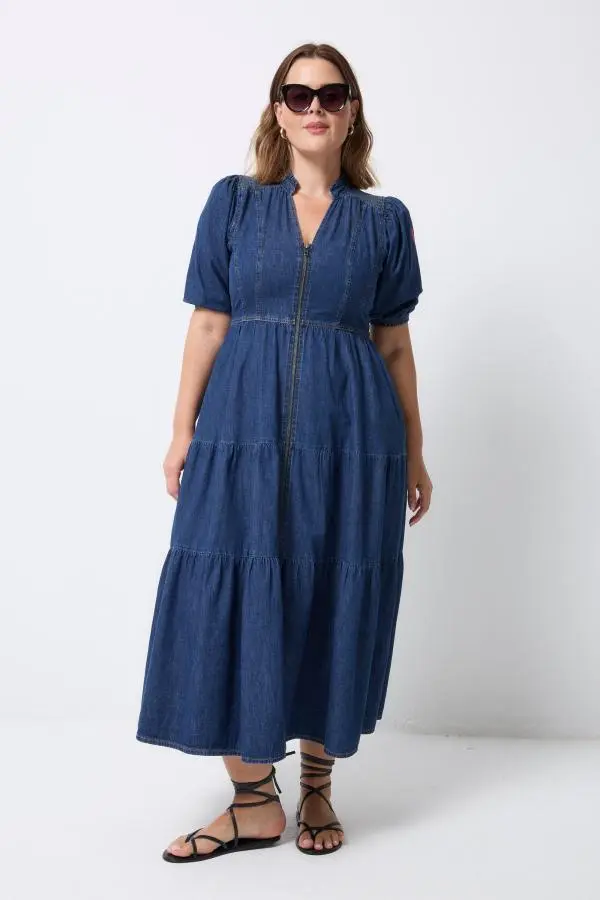 Authentic Indigo Zip Detail Tiered Midi Denim Dress