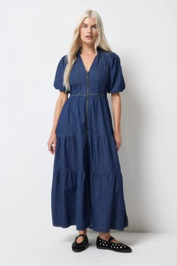 Authentic Indigo Zip Detail Tiered Midi Denim Dress