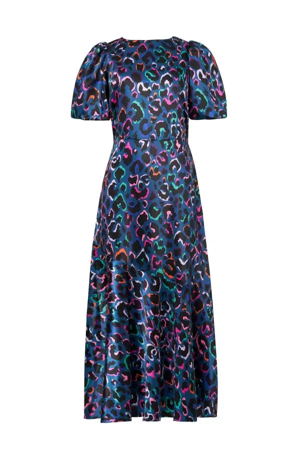 Teal with Rainbow Shadow Leopard Puff Sleeve Midi Dress