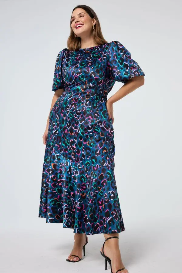 Teal with Rainbow Shadow Leopard Puff Sleeve Midi Dress