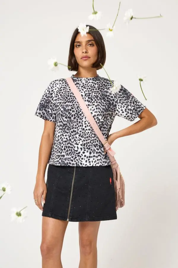 Black Embellished Zip Front Denim Mini Skirt