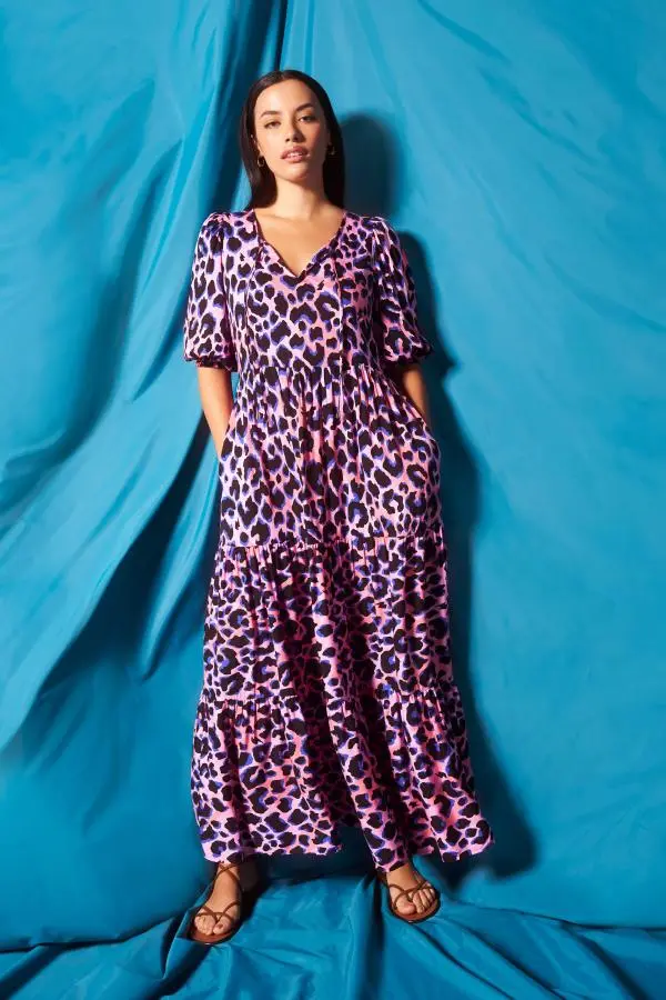 Pink with Blue and Black Shadow Leopard Tie Front Maxi Dress