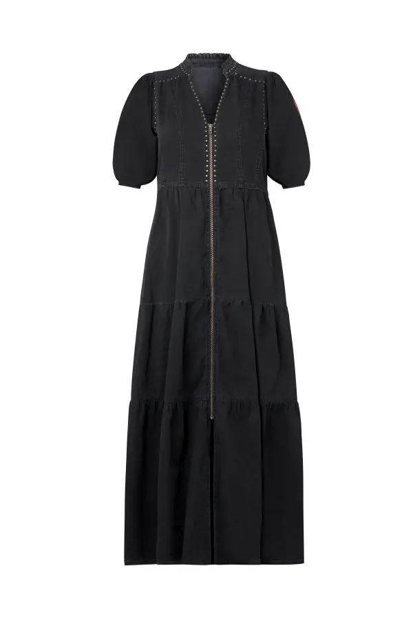 Washed Black Studded Zip Detail Tiered Midi Denim Dress