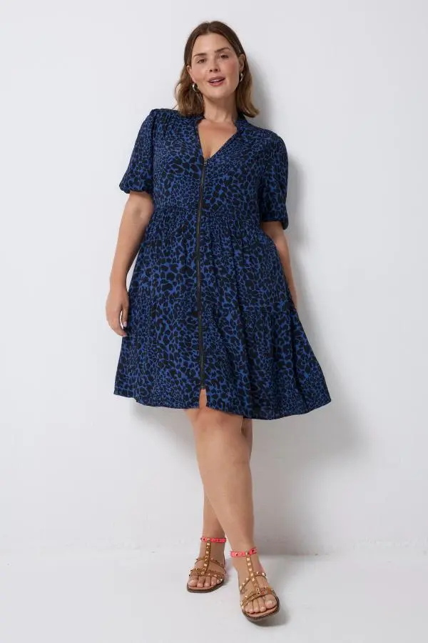 Navy with Black Rock and Roll Leopard Zip Detail Tiered Short Dress