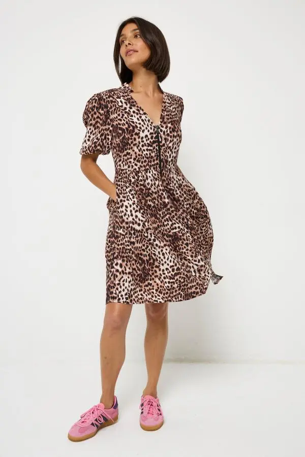 Neutral with Black Cheetah Zip Detail Tiered Short Dress