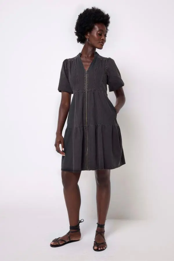 Washed Black Studded Zip Detail Tiered Short Denim Dress