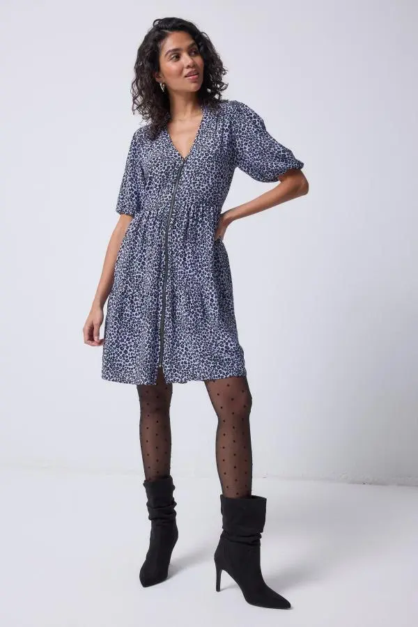 Lilac Mini Leopard Zip Detail Tiered Short Dress