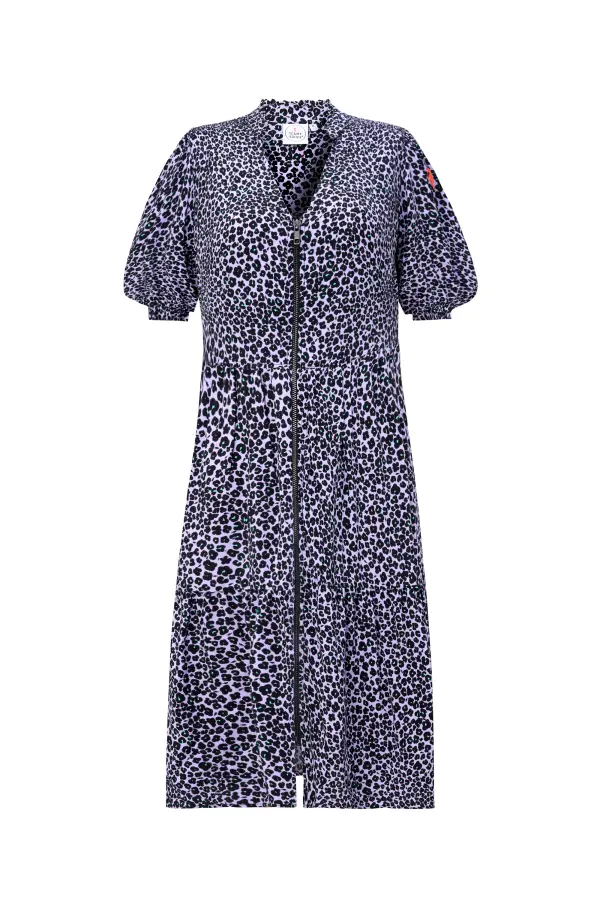 Lilac Mini Leopard Zip Detail Tiered Short Dress