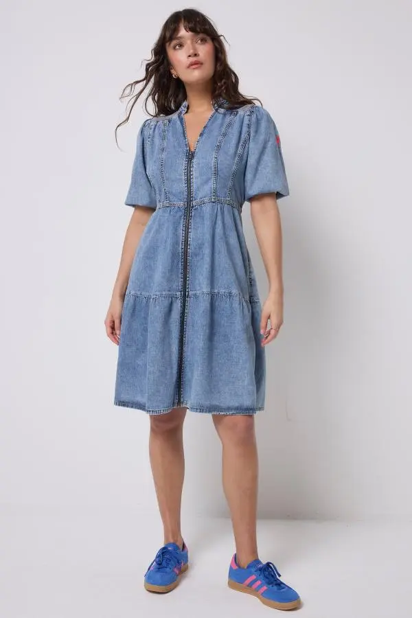 Pale Indigo Zip Detail Tiered Short Denim Dress