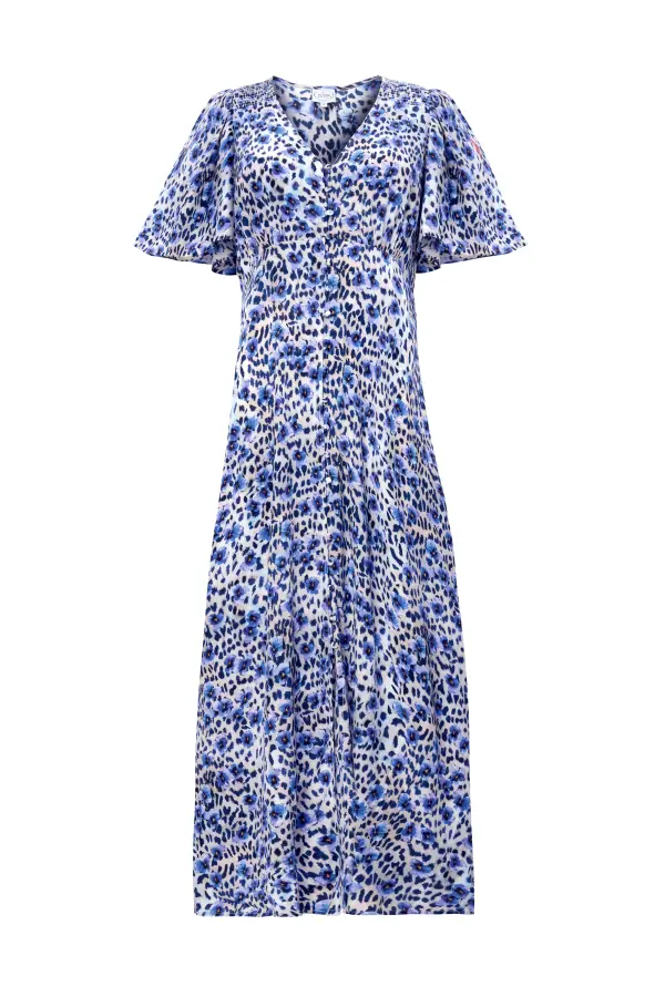 White with Blue Paradise Cheetah Print Angel Sleeve Midi Tea Dress
