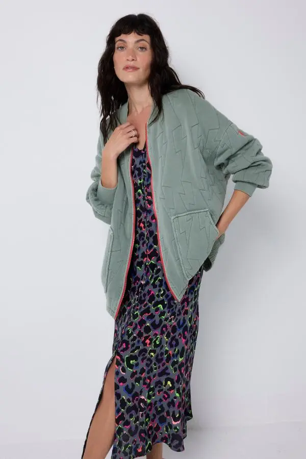 Khaki Organic Cotton Quilted Lightning Bolt Oversized Bomber Jacket