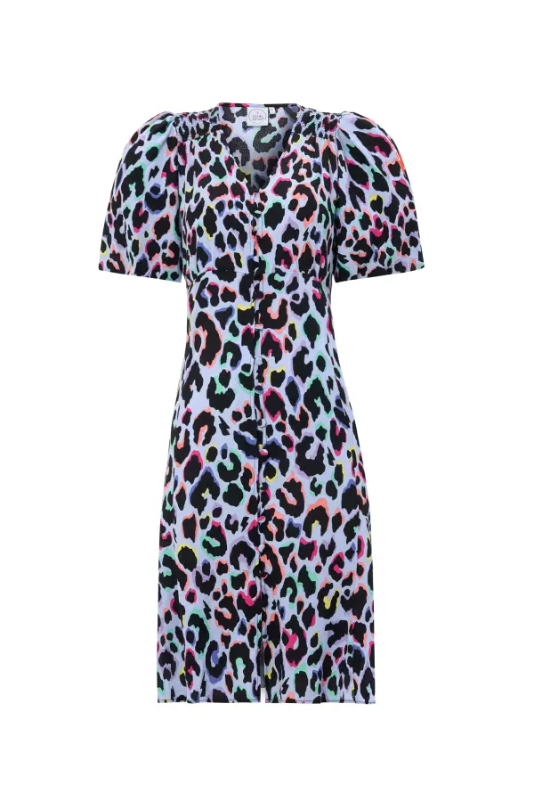 Light Blue with Rainbow Shadow Leopard Short Tea Dress