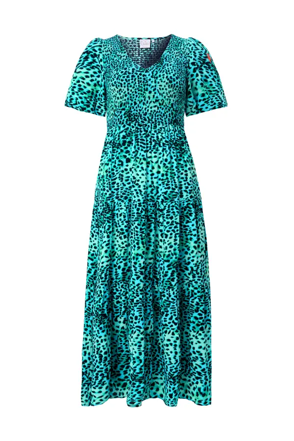 Turquoise with Black Leopard Puff Sleeve Maxi Dress