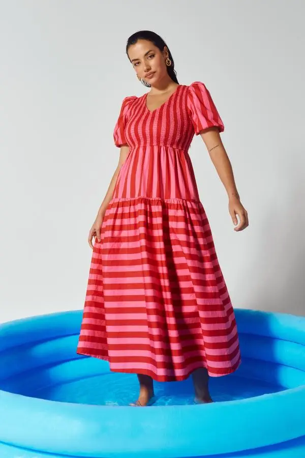 Red with Pink Stripe Puff Sleeve Maxi Dress