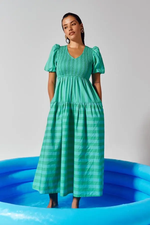 Blue with Green Stripe Puff Sleeve Maxi Dress