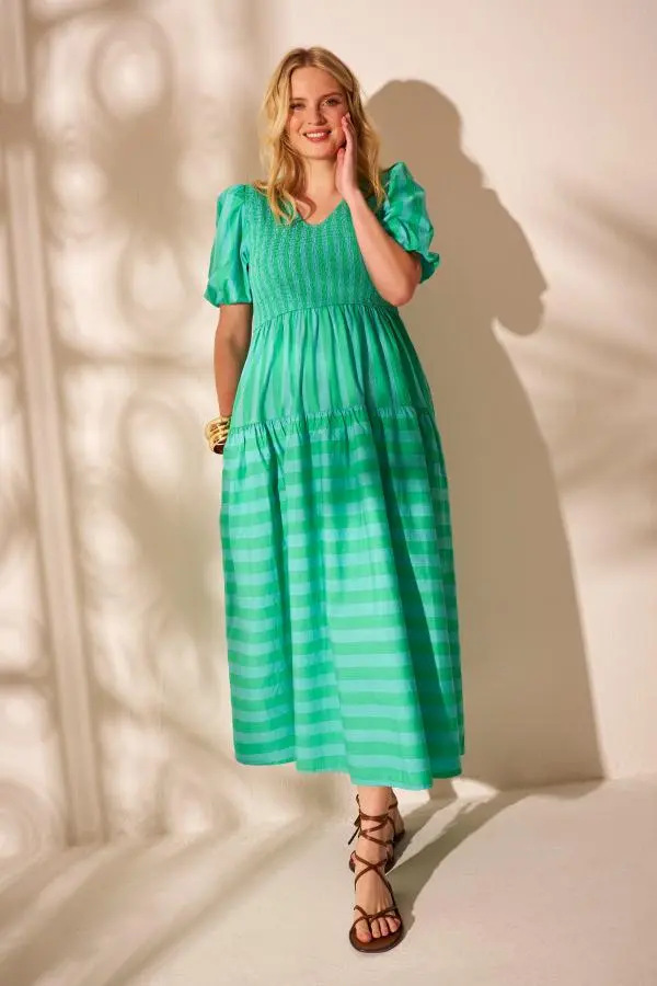 Blue with Green Stripe Puff Sleeve Maxi Dress