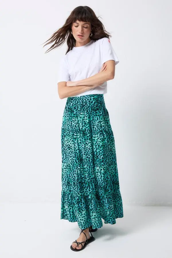 Turquoise with Black Leopard Maxi Skirt