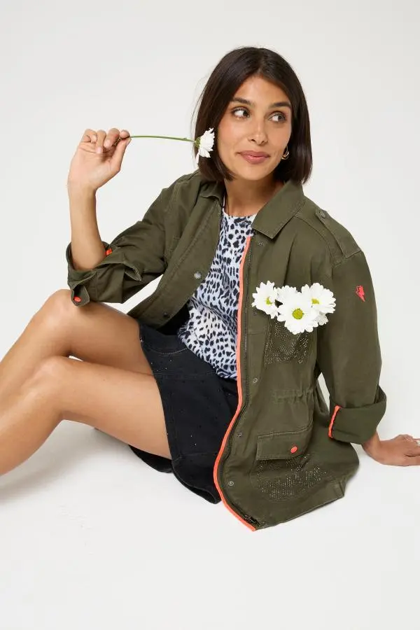 Khaki with Studded Bolt Utility Jacket