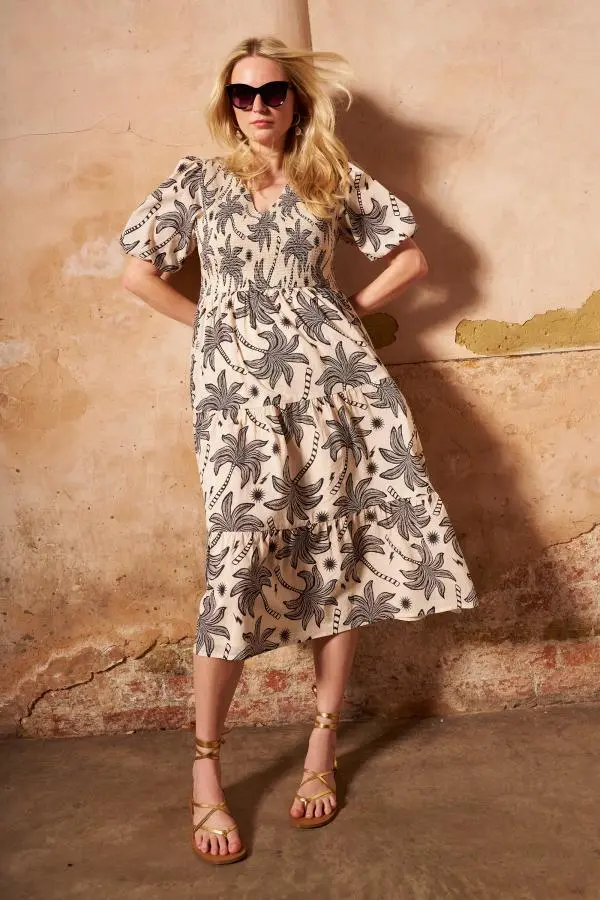 Neutral with Black Palm Spring Shirred Puff Sleeve Midi Dress