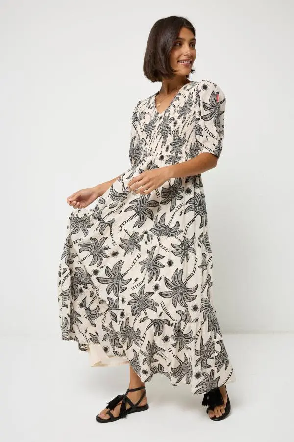 Neutral with Black Palm Spring Shirred Puff Sleeve Maxi Dress