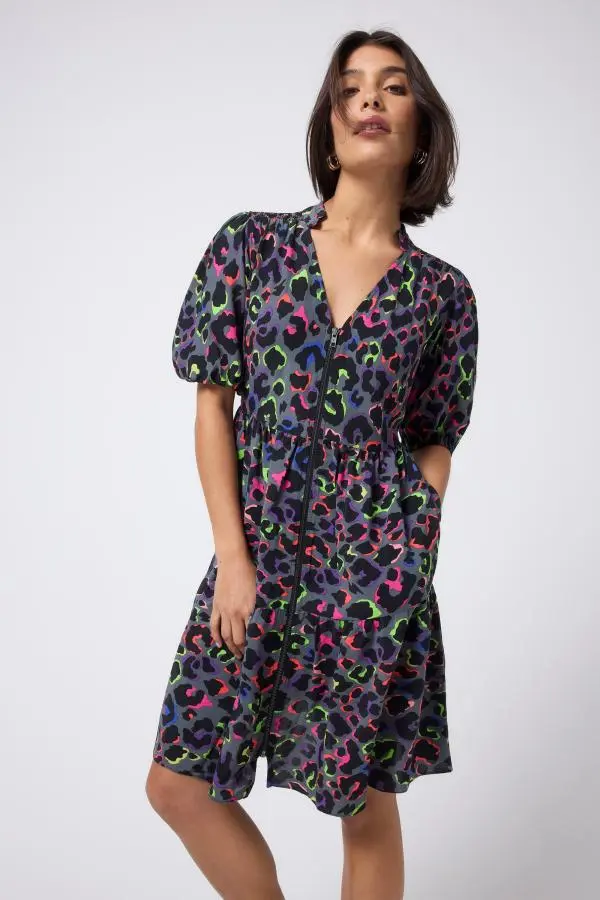 Grey with Rainbow Shadow Leopard Zip Detail Tiered Short Dress