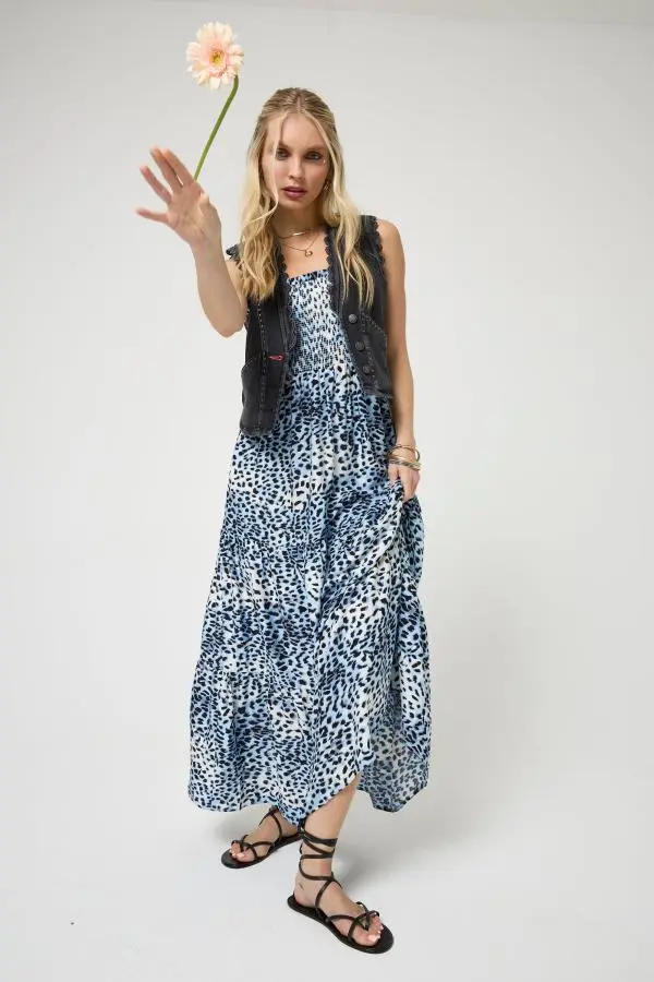 White with Blue and Grey Cheetah Maxi Sundress