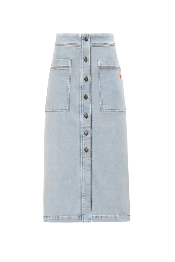 Pale Indigo Button Front A-Line Denim Midi Skirt
