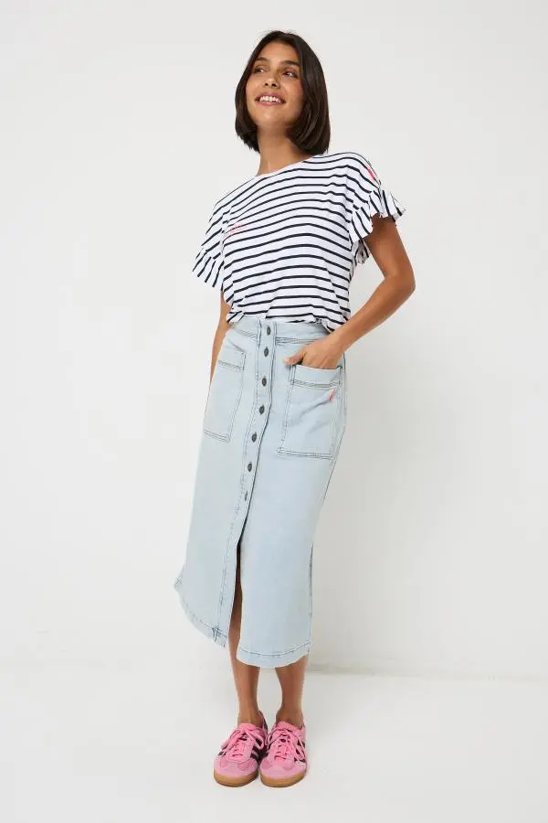 Pale Indigo Button Front A-Line Denim Midi Skirt