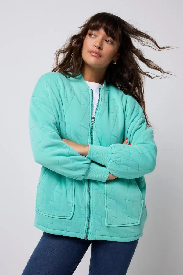 Turquoise Lightning Bolt Oversized Quilted Bomber Jacket