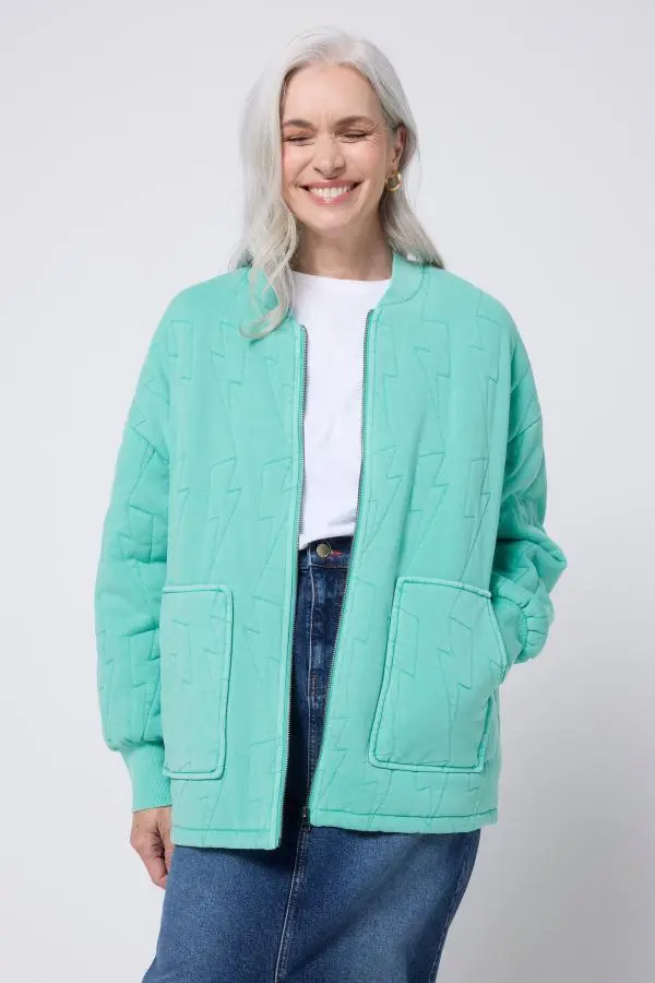 Turquoise Organic Cotton Quilted Lightning Bolt Oversized Bomber Jacket
