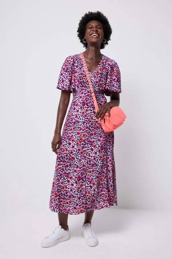 Angel Sleeve Midi Tea Dress White With Pink Floral Animal Print