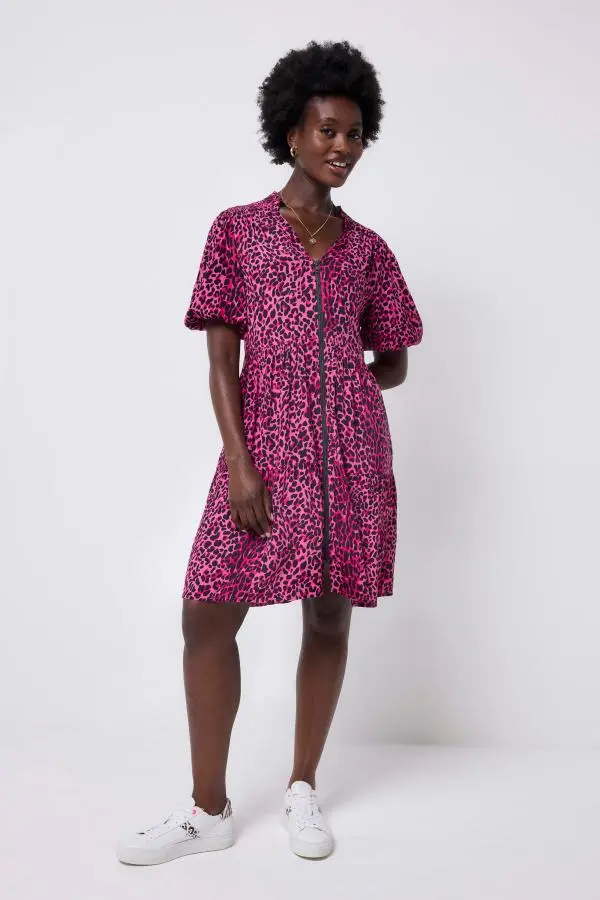 Pink with Black Wild Leopard Zip Detail Tiered Short Dress