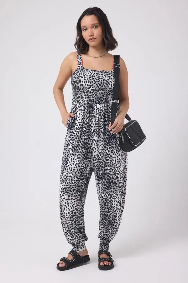 Grey with Black Cheetah Jersey Jumpsuit