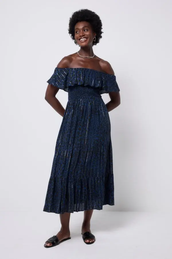 Navy with Black Rock and Roll Leopard Lurex Bardot Midi Dress