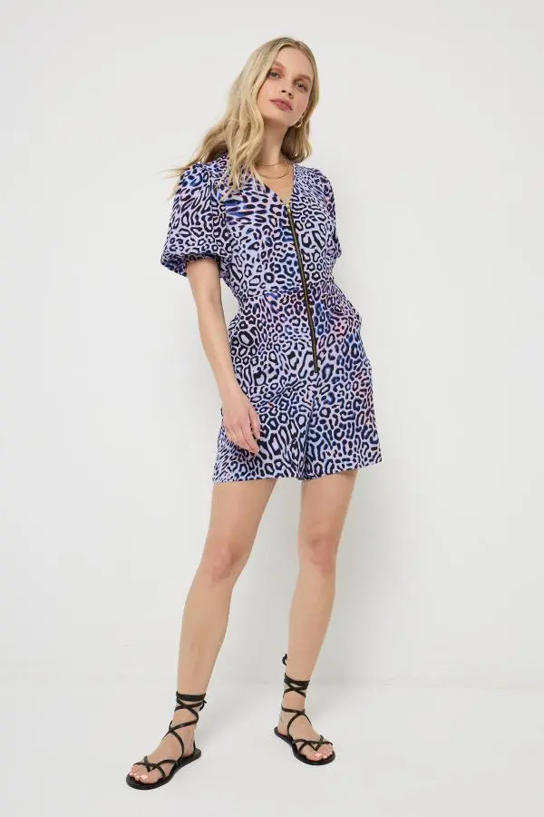 Lilac with Black and Pink Leopard Ray Zip Front Playsuit