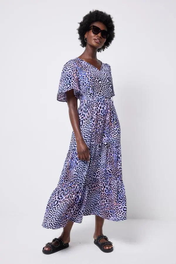 Lilac with Black and Pink Leopard Ray Tie Front Maxi Dress