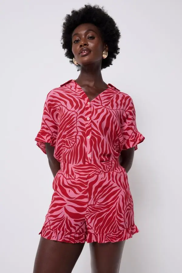 Pink with Red Palm Frill Hem Shorts