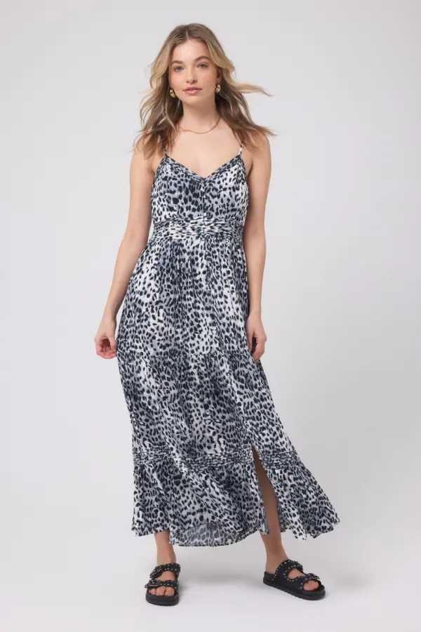 Grey with Black Cheetah Pintuck Midi Sundress