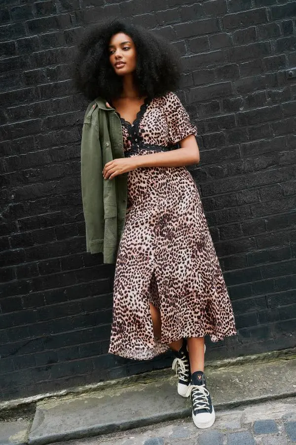 Neutral with Black Cheetah Lace Trim Puff Sleeve Midi Tea Dress