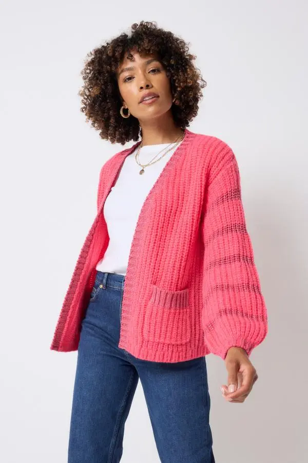 Coral with Pink Lurex Stripe Edge to Edge Cardigan
