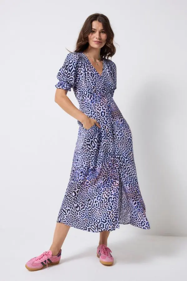 Lilac with Black and Pink Leopard Ray Flute Sleeve Midi Tea Dress