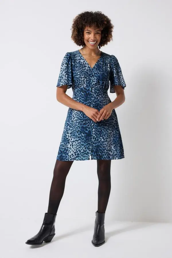 Navy Cheetah Angel Sleeve Short Tea Dress