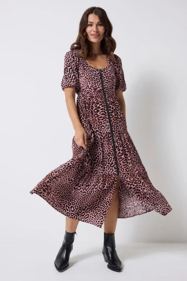 Neutral Leopard Ray Square Neck Zip Detail Tiered Midi Dress