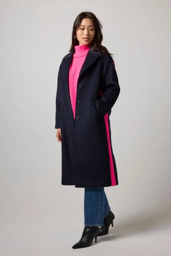 Navy with Neon Pink Wool Blend Coat